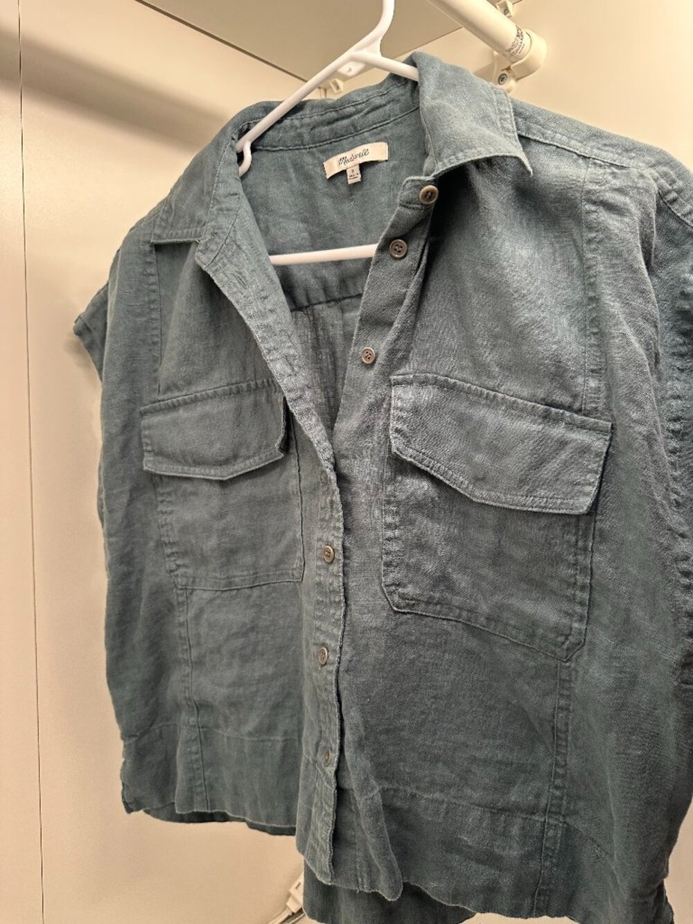 Madewell Easy Short Sleeve Linen Shirt Blue Gray Garment Dyed Button Down Size S
